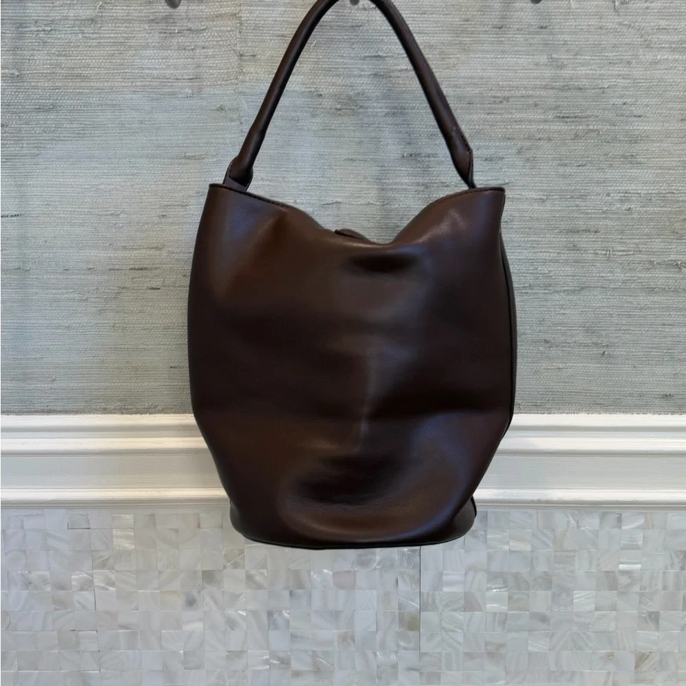 New Anthropologie aota twist tie top handle bucket bag crossbody brown gold